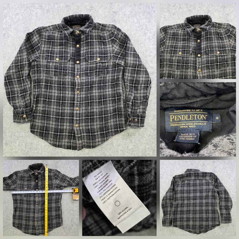Pendleton Shirt Jacket Mens Small Gray Plaid Wool‎ Quilted Lined Flannel Snap